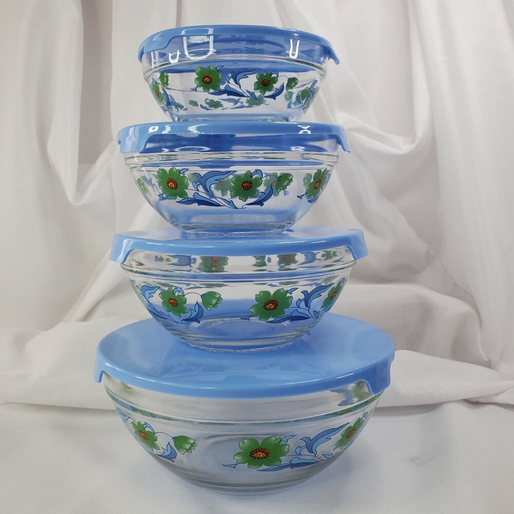 Vintage Imperial Glass Blue Green Flower Nesting Bowls Storage 1970's Set of 4 - Picture 13 of 14